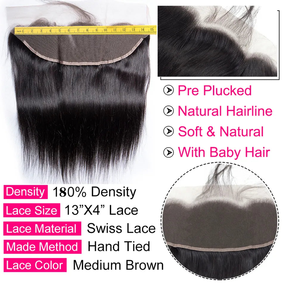 Peruvian Straight Bundles With Frontal 100% Human Hair 3 Bundles With Closure HD Transparent Lace Frontal With Bundles 12A Hair