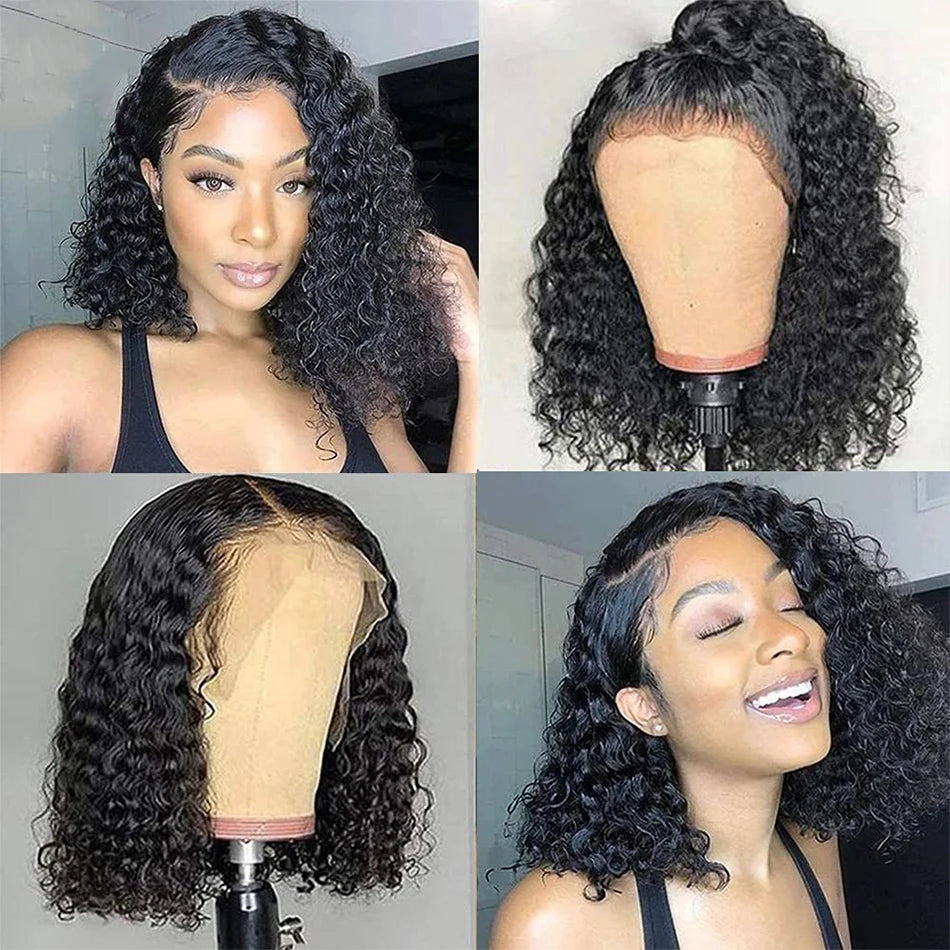 Short Kinky Curly Bob Wig Lace Front Human Hair Wigs Pre Plucked 12A Peruvian Water Wave 13x4 Front Wig HD Transparent Perruque