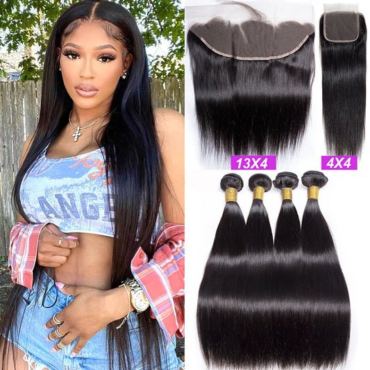 Peruvian Straight Bundles With Frontal 100% Human Hair 3 Bundles With Closure HD Transparent Lace Frontal With Bundles 12A Hair