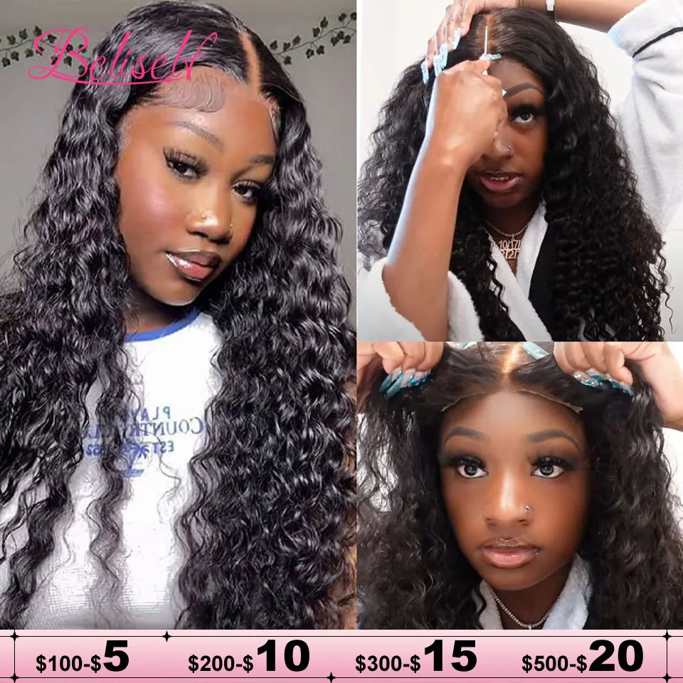 Glueless Wig Human Hair Deep Wave 4x4 5x5 HD Lace Closure Wig Preplucked Glueless Human Hair Wig Ready to Wear Beliself Hair