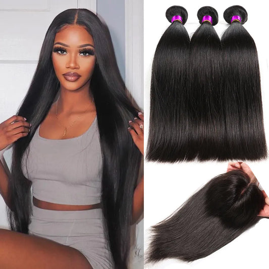 Peruvian Straight Bundles With Closure 12A Virgin Human Hair Extensions 3 Bundles With Frontal Unice Hair Bundles and Closure